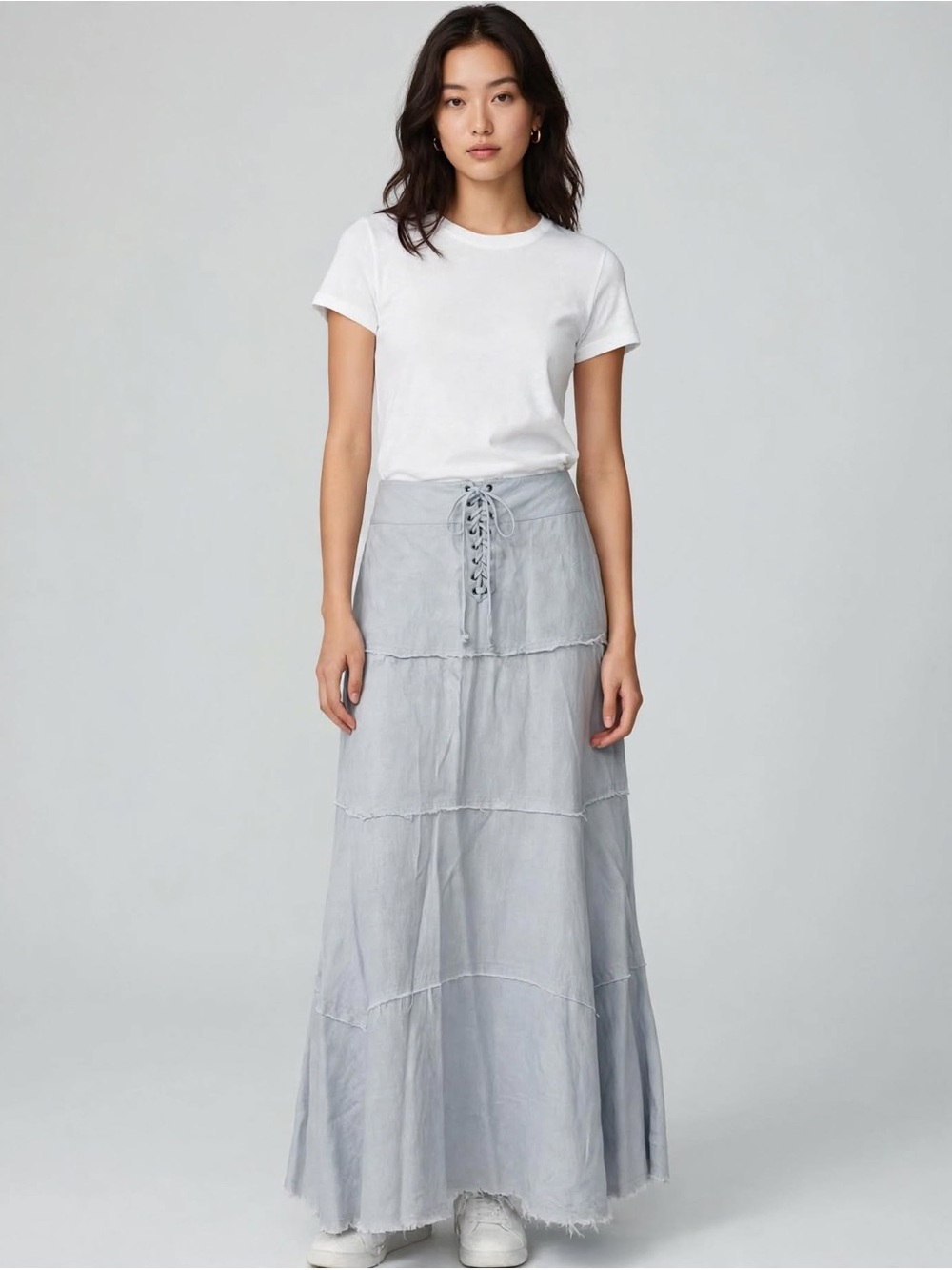 CAbi Light Gray Lace-Up Tiered Maxi Skirt